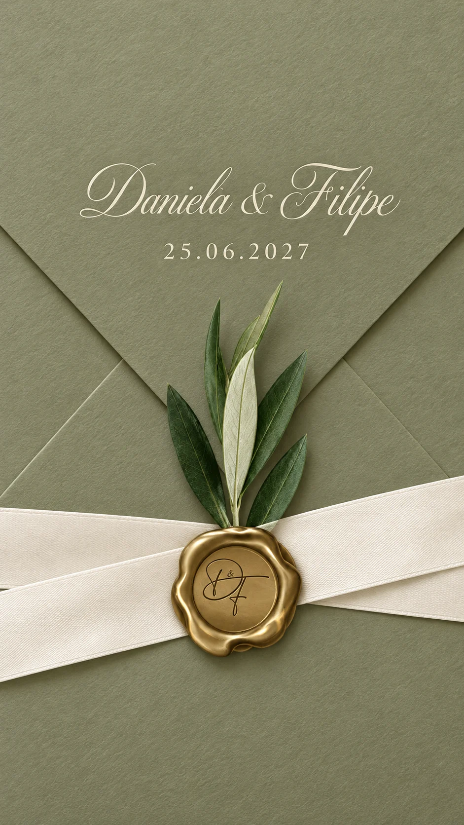 Envelope verde com selo de cera dourado D&F — Daniela & Filipe, 25.06.2027